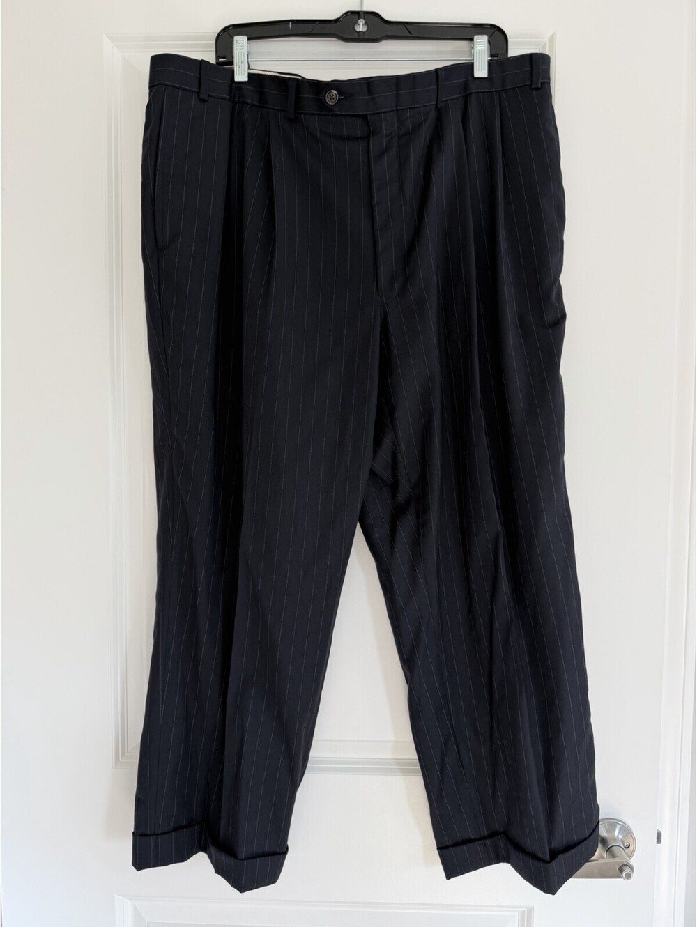 Lauren Ralph Lauren Black Pinstripe Pleated Trousers 100% Wool 37x26 Altered